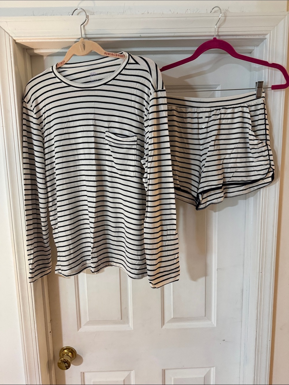 stars above Black & White Striped Long Sleeve Top and Shorts Pajama Set